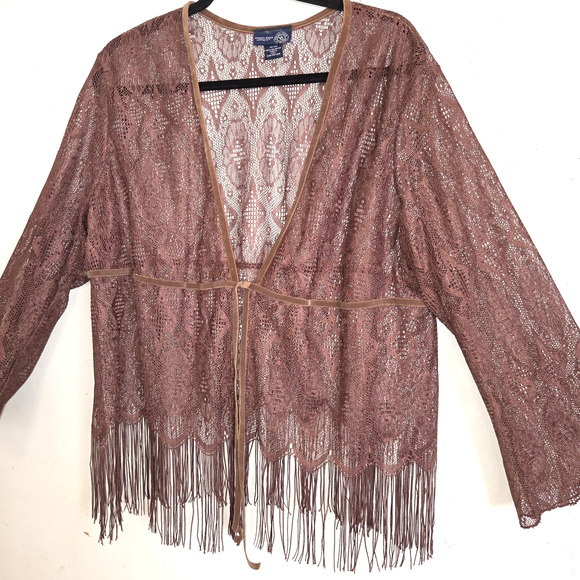 Venezia Tops - Vintage Lace Cardigan Kimono Top Sz 18/20 Medium Brown Fringe Boho Hippie USA